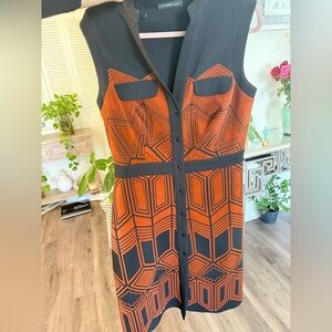Elegant Black and Orange Geometric Midi Dress